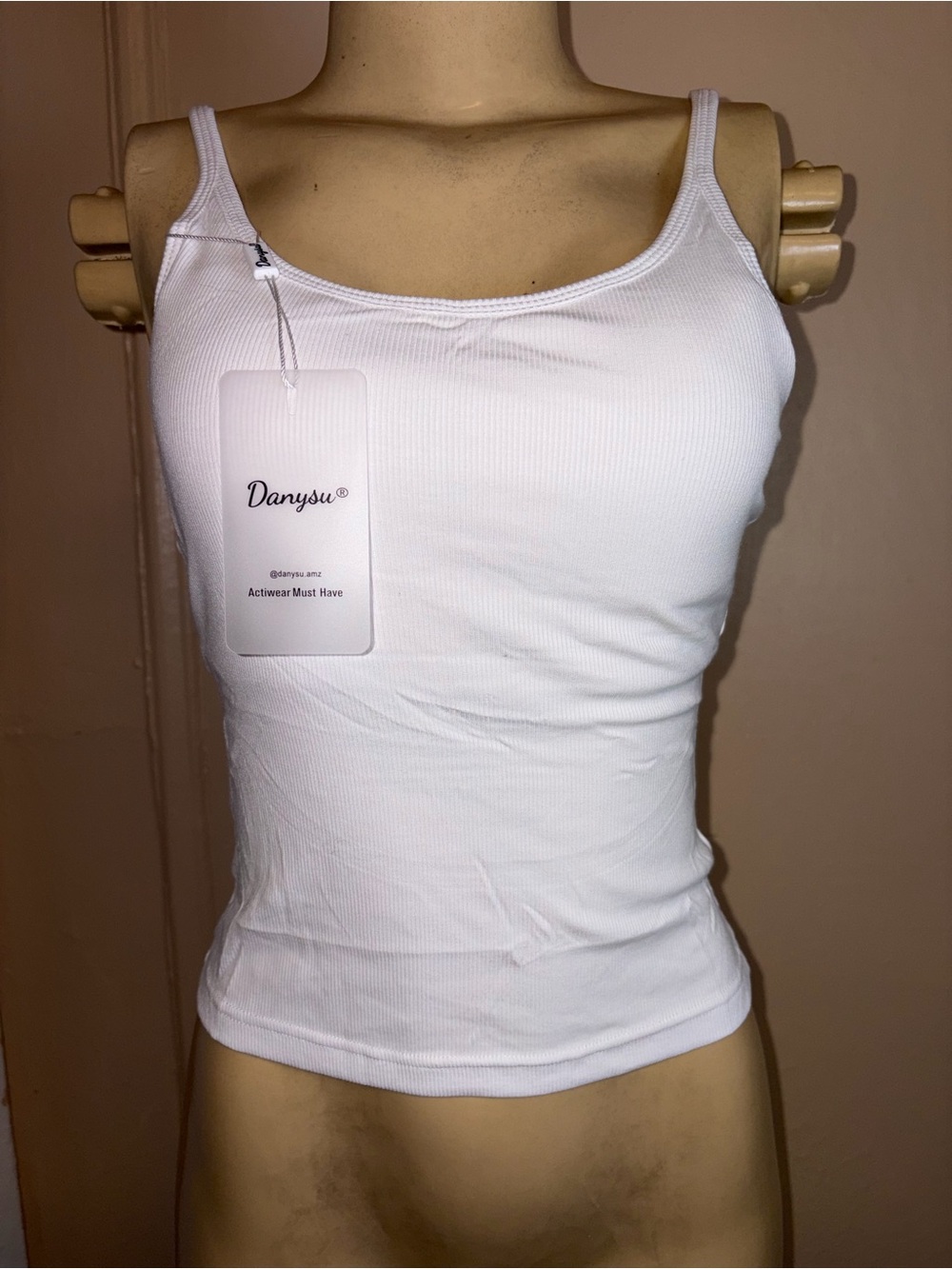 Danysu White Ribbed Activewear Tank Top-Size Small